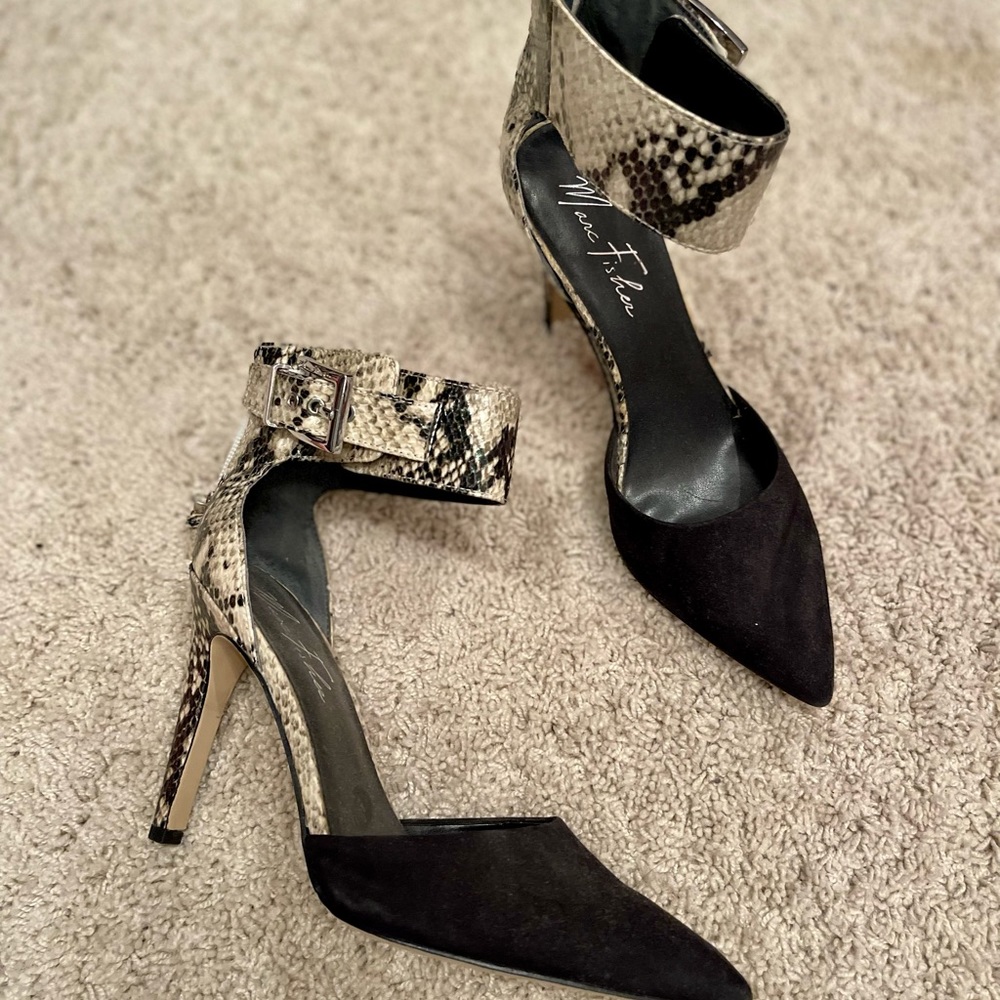 Black suede and leather steak skin heels